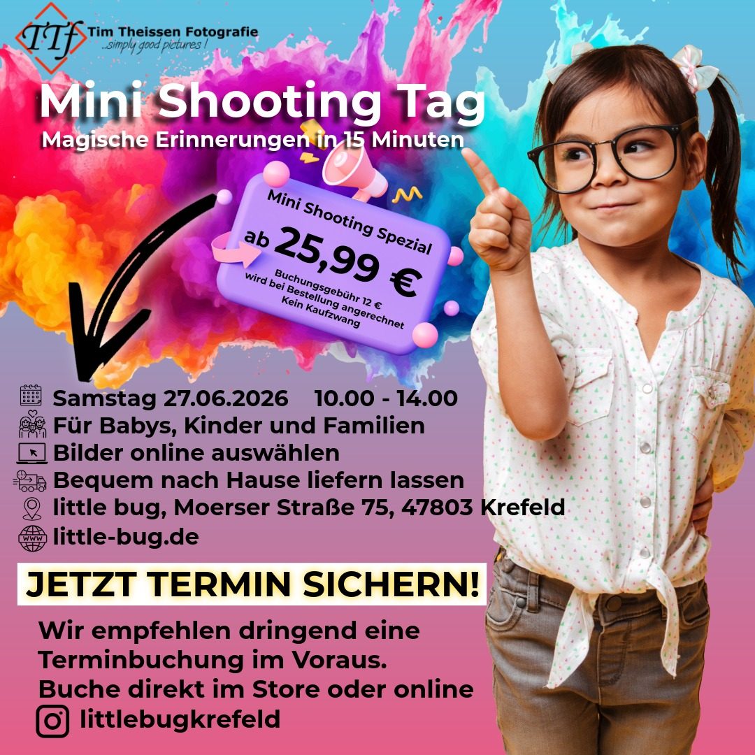 Mini Shooting Tag Mädchen mit Brille und fröhlichem Gesicht, bewirbt einen Mini-Shooting Tag.