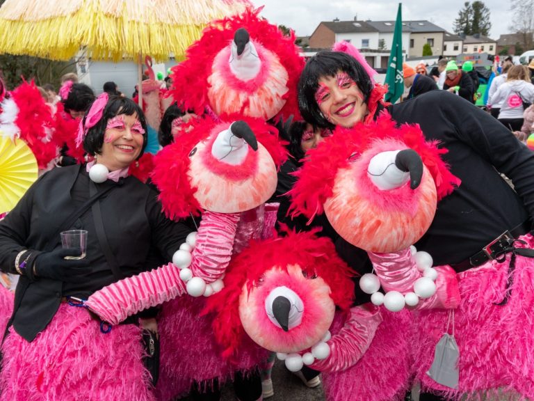 Lustige Menschen in pinken Kostümen mit Flusspferdköpfen auf einem Fest.