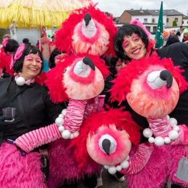 Fünf Personen in bunten Kostümen mit großen, rosa Flamingoköpfen.