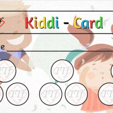 Bunt gestaltete Vorlage für eine Kiddi-Karte mit fröhlichen Kindern im Hintergrund.