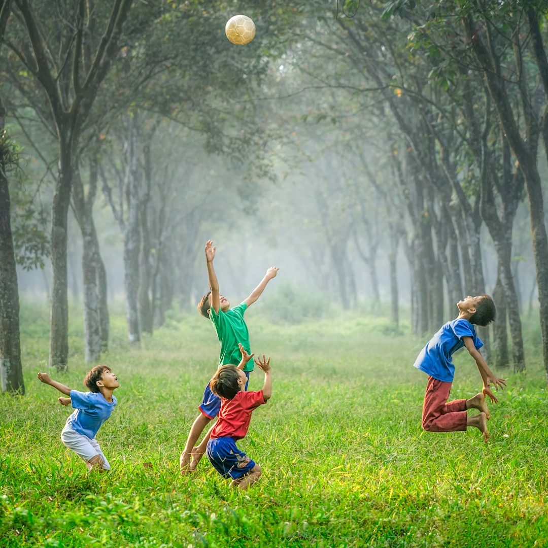 Kita und Schulfotografie Mehrere Spielende Kinder in einer Lichtung. Sie springen und versuchen einen Ball zu fangen