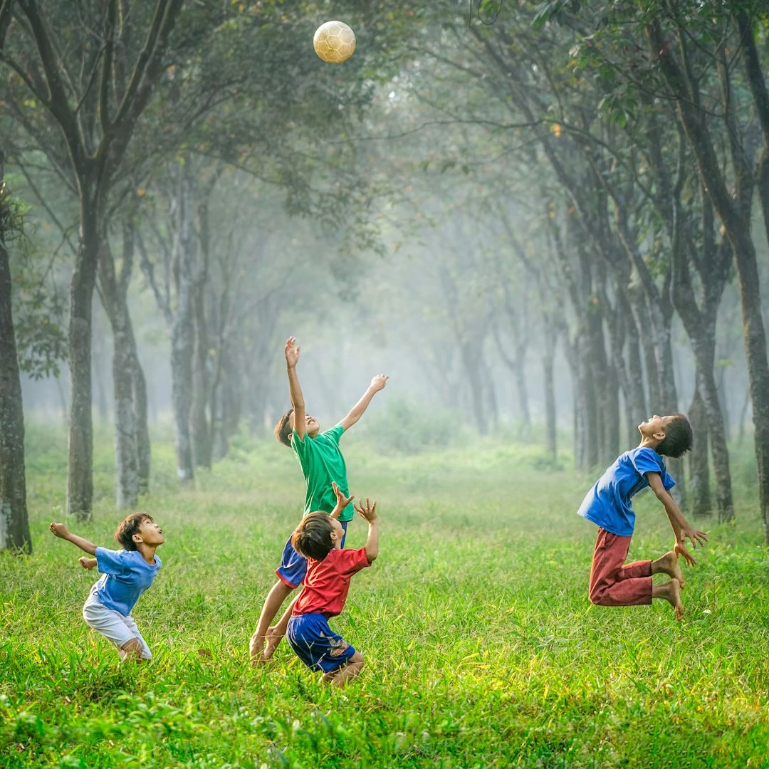 Spielende springende Kinder in einer Lichtung