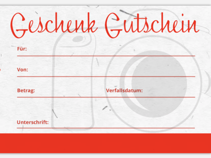 Geschenkgutschein mit Platz für Empfänger, Absender, Betrag und Unterschrift.