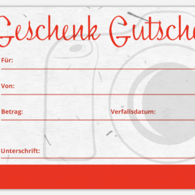 Geschenkgutschein mit Platz für Name, Betrag und Unterschrift.