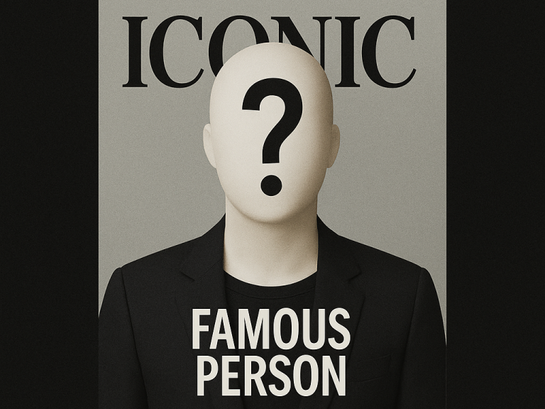 Schwarzer Hintergrund mit einer ikonischen Figur und dem Text „Famous Person“.