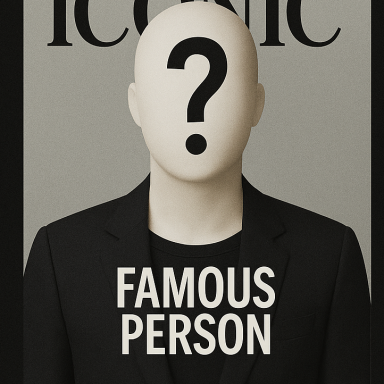 Schwarzer Anzugträger mit einem neutralen Torso und Fragezeichen im Kopf, beschriftet "Famous Person".