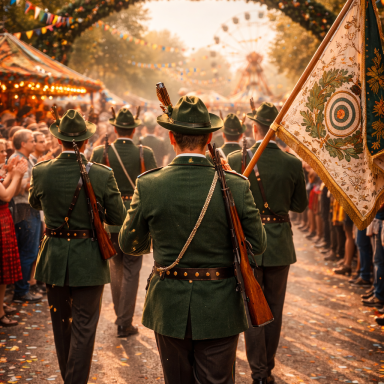 Fahrgeschäft mit schwingenden Sitzen, die an einem hohen Turm befestigt sind.