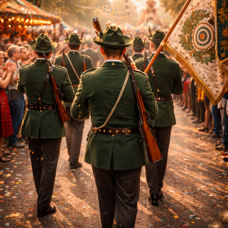 Schützenfest Fotografie KI Generiertes Bild eines Schützenumzugs. Im Vordergrund sieht mann Schützen mit Gewehren und ihren grünen Uniformen
