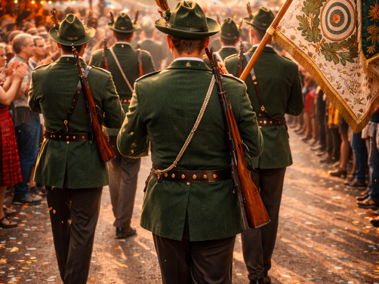 Männer in grünen Uniformen mit Gewehren bei einer Festivalparade, Menschenmenge im Hintergrund.
