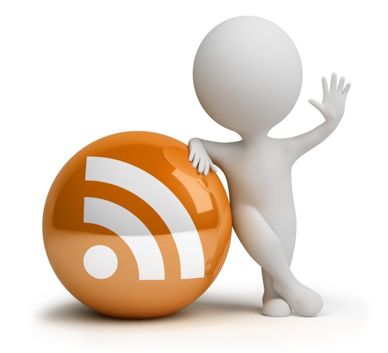 Ein stilisierter Mensch steht neben einem orangefarbenen RSS-Symbol.