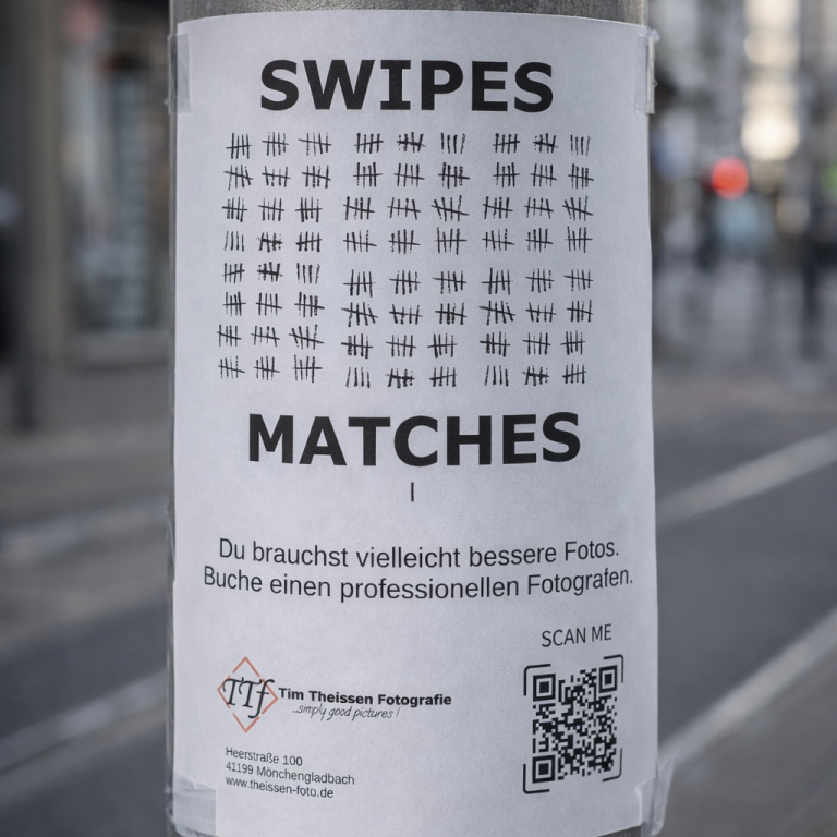 Ein Plakat an einem Straßenpfosten mit Text zu Swipes und Matches, Kontaktinformationen.