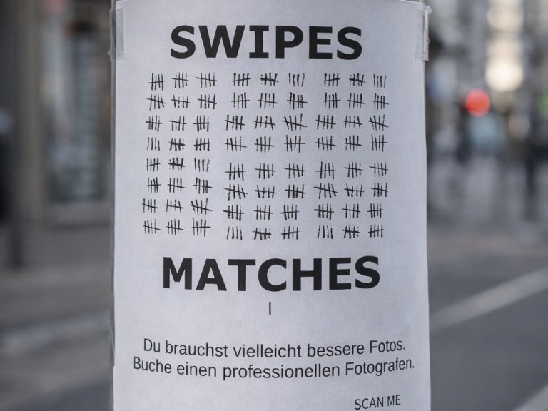 Plakat mit den Worten "SWIPES" und "MATCHES" sowie einem Hinweis auf professionelle Fotografie.