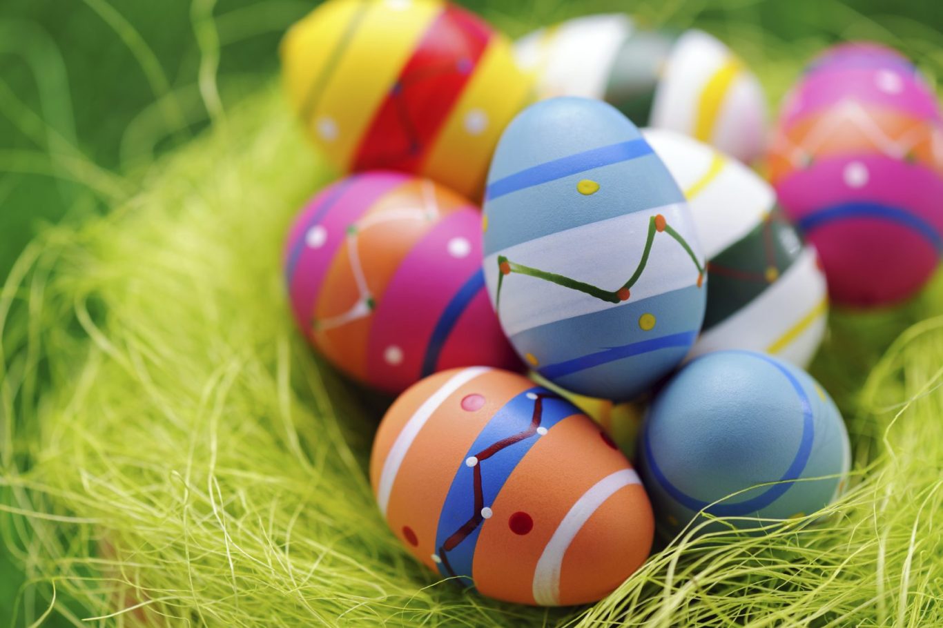 Bunte Ostereier liegen in einem Nest aus grünen Grashalmen.