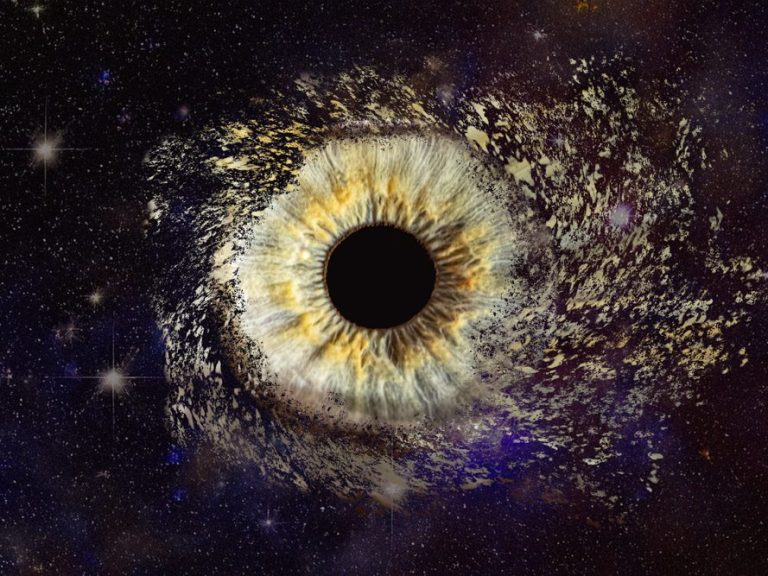 Ein kreatives Auge, umgeben von einem kosmischen Hintergrund voller Sterne und Farben.
