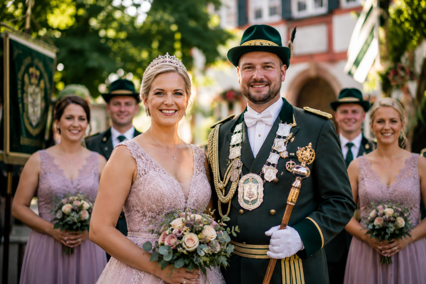 Majestäten Ein KI erzeugtes Bild eine Schützenkönigs mit Hofstaat