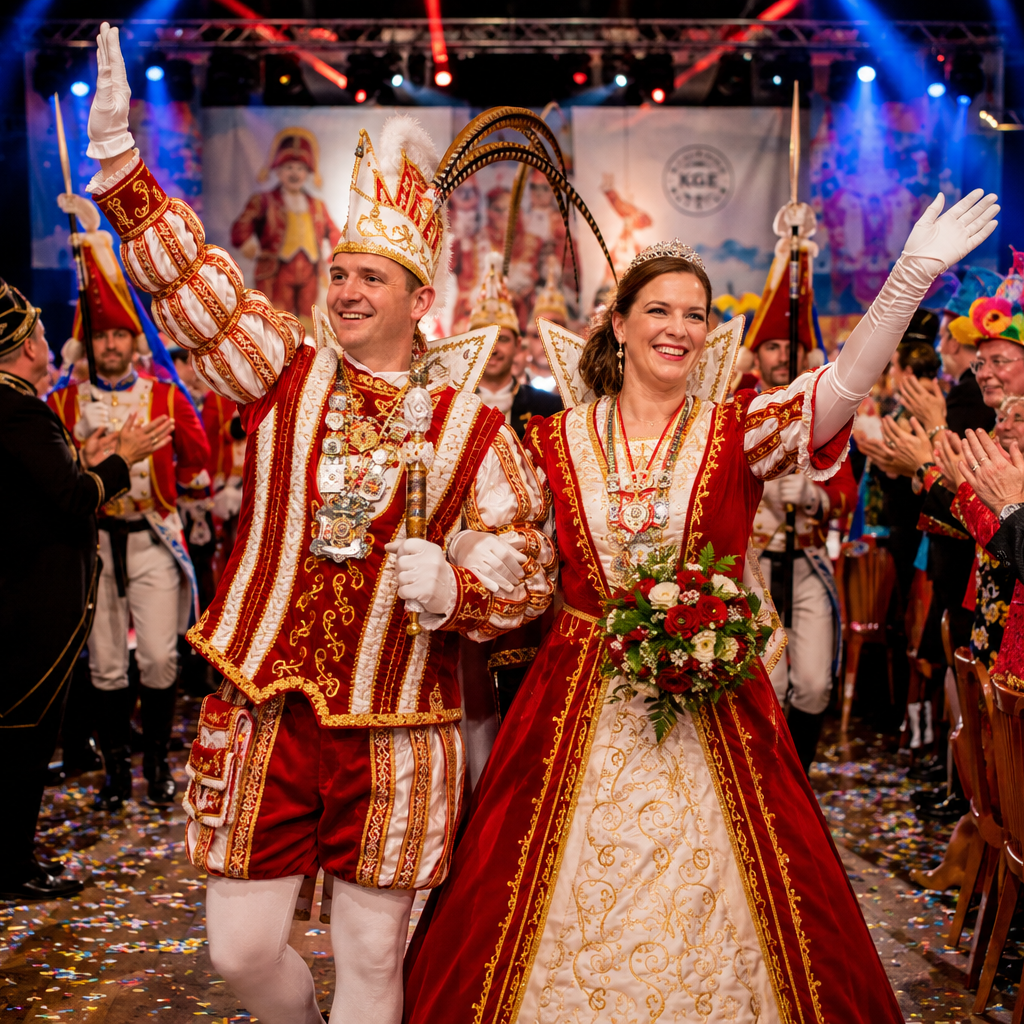 Euer Karnevalsfotograf KI generiertes Bild eines Karnevalsprinzen in roter Uniform beim Auszug einer Karnevalssitzung